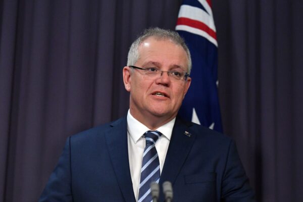 O primeiro-ministro australiano Scott Morrison discursa em uma conferência de imprensa no Parlamento em Canberra, na Austrália, em 19 de junho de 2020 (Mick Tsikas / AAP Image)