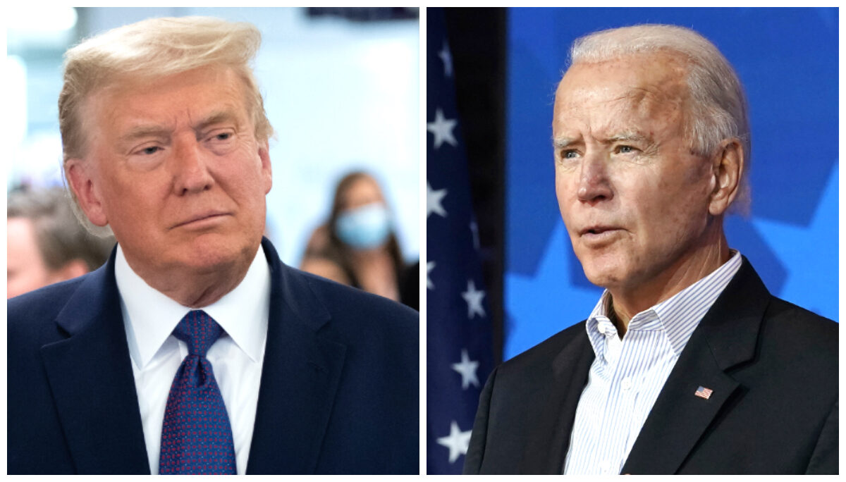 O presidente Donald Trump (E) visita sua sede de campanha em Arlington, Va., Em 3 de novembro de 2020 (Saul Loeb / AFP via Getty Images); o candidato presidencial democrata e ex-vice-presidente Joe Biden (D), fala em Wilmington, Del., em 5 de novembro de 2020 (Carolyn Kaster / AP Photo)