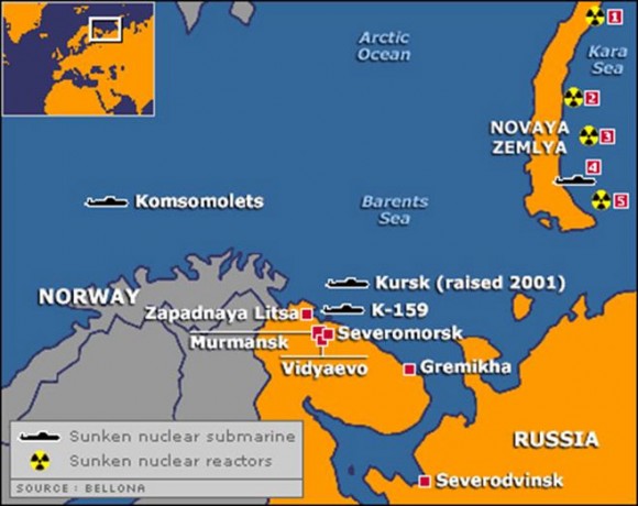 Um mapa dos perigos nucleares soviéticos/russos no Ártico (Bellona Foundation)