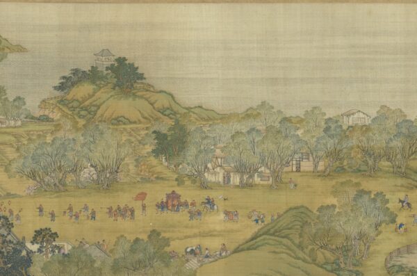 A versão da Dinastia Qing de "Subindo o Rio durante o Qingming", uma pintura em pergaminho que mostra um noivo indo para a casa da noiva para acompanhá-la em seu casamento (Cortesia do Museu do Palácio Nacional)