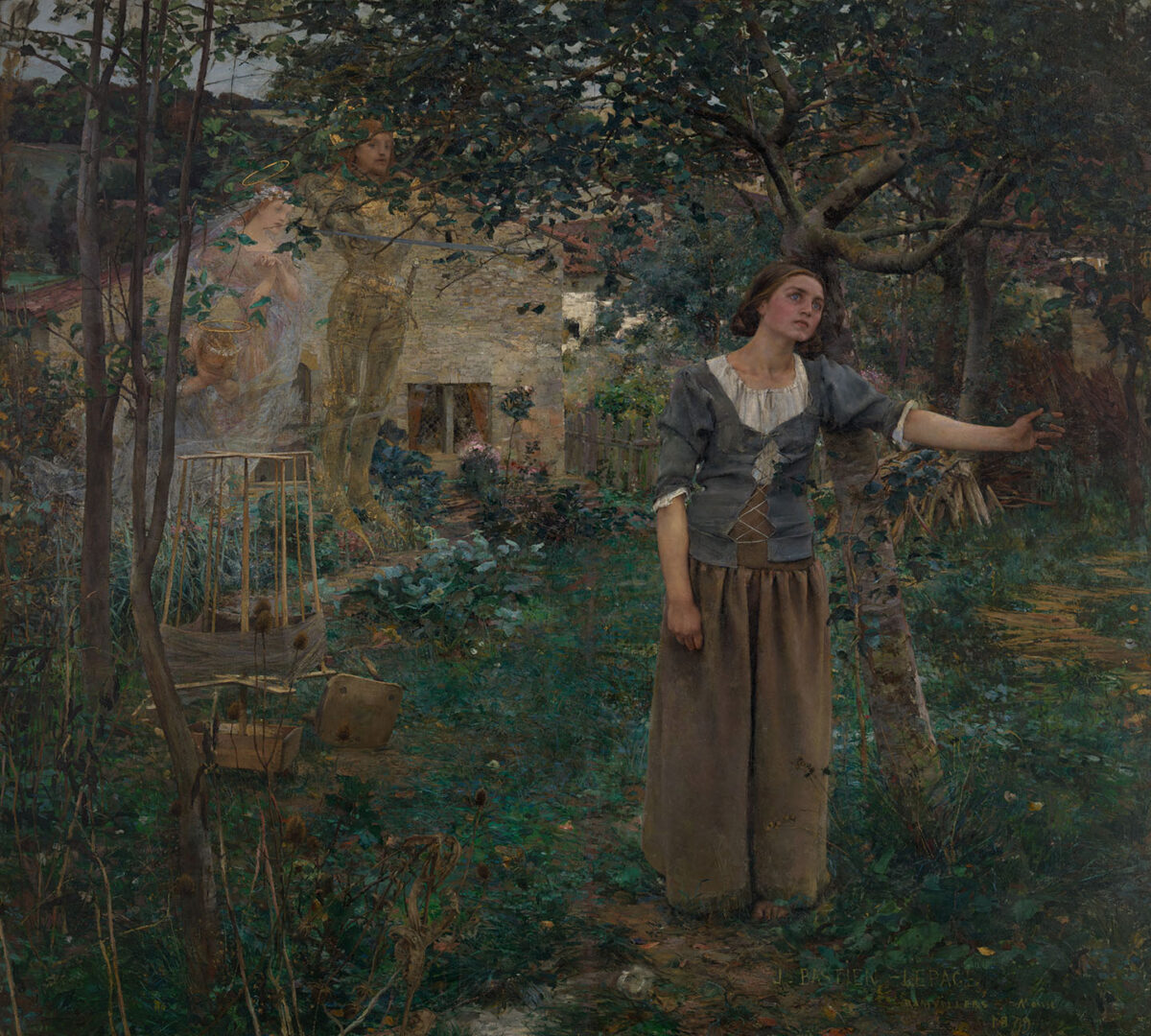 The moment when Sts. Michael, Margaret, and Catherine appear to the peasant girl Joan in her parents’ garden. "Joan of Arc," 1879, by Jules Bastien-Lepage (French, 1848–1884). Oil on canvas, 100 inches by 110 inches. (The Metropolitan Museum of Art)