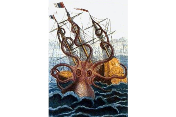 Um desenho de 1801 do malacólogo Pierre Dénys de Montfort, a partir das descrições de marinheiros franceses, supostamente atacados por essa criatura ao largo da costa de Angola. Teria sido o Kraken? (Domínio público)