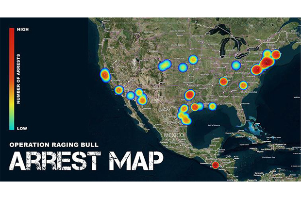 Um mapa mostra a distribuição das prisões de membros da gangue MS-13 durante a operação "Raging Bull" realizada de 8 de outubro a 11 de novembro (ICE)